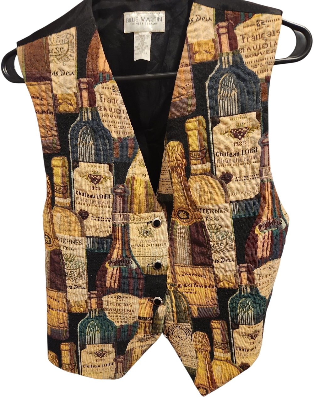 Vintage 90s Billie Martin Wine Bottle Tapestry Vest – Novelty Sommelier Kitsch